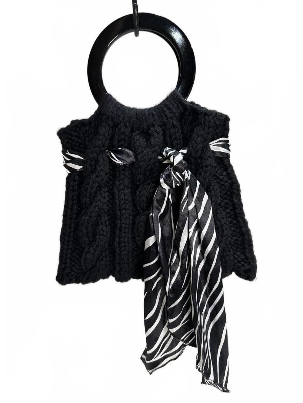 Black Cable Knit Handbag with Zebra Print Scarf Accent Hand-Knit